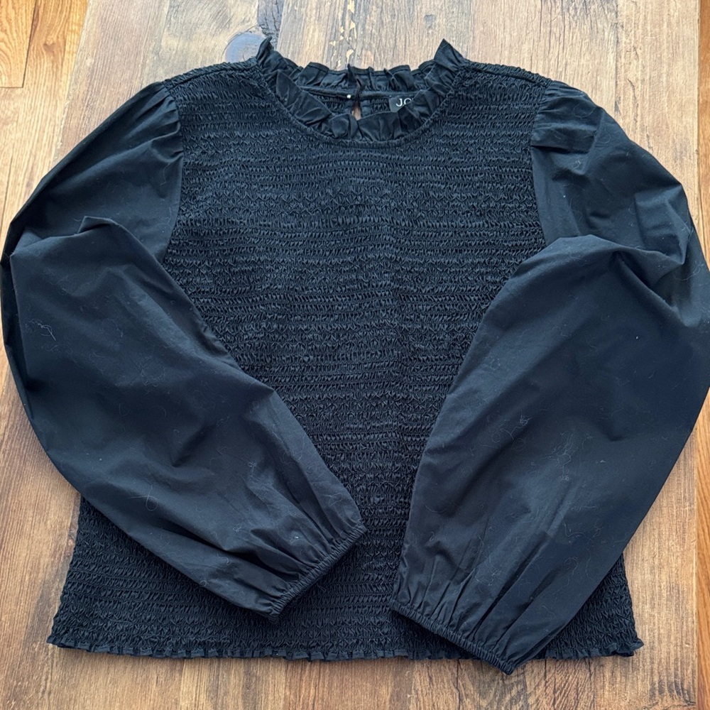 J.Crew Black shiered cotton puff sleeved shirt.